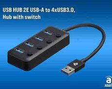 Dok-stansiya USB HUB 2Е USB-A to 4xUSB3.0, Hub with switch, 0.25 m 2E-W1405