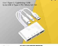 Konverter 5 in 1 Type-C ,  Lightining ,  USB to 2x USB 3,  Type-C PD ,  Micro Sd ,  SD