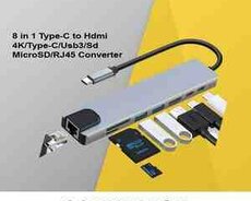 Konverter 8 in 1 Type-C to Hdmi 4K, Type-C, Usb3, Sd-MicroSD, RJ45
